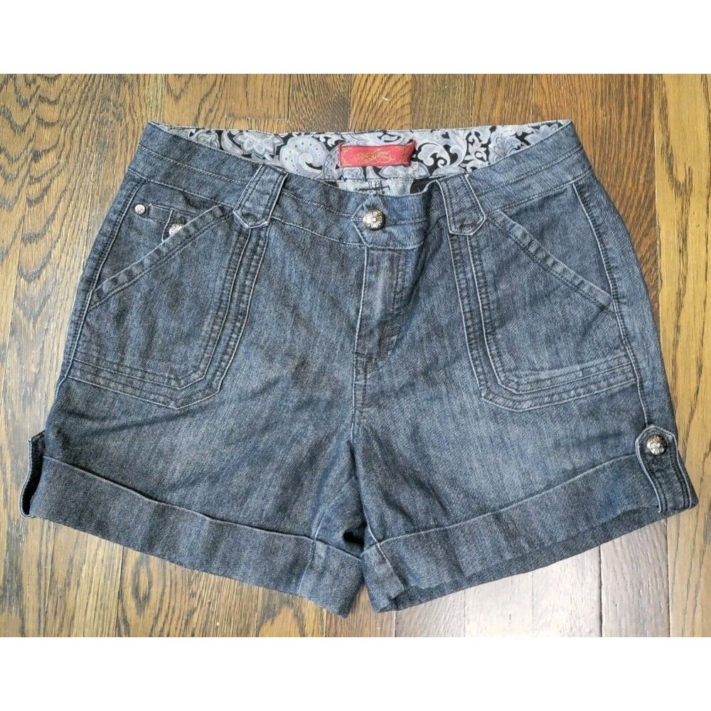 One 5 One Jean Shorts Women's 10 Inseam 5" Dark Navy Wash Cuffs Pockets Stretch